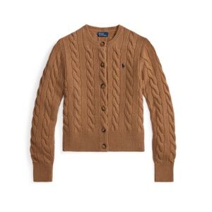 Cable-Knit Italian Wool-Cashmere Cardigan Camel Melange